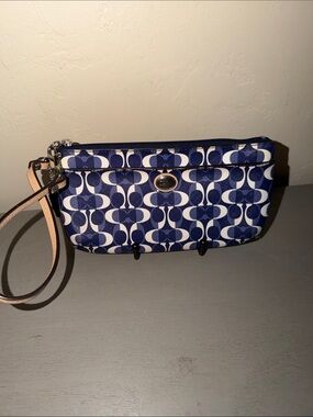 Coach Blue & White Signature Wristlet with Leather Strap